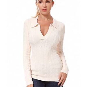 AmélieBoutik Women Collar V Neck Cable Knit Long Sleeve Pullover Sweater (Creamy White X-Small)