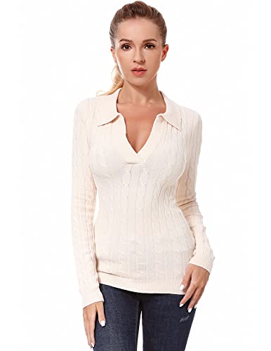 AmélieBoutik Women Collar V Neck Cable Knit Long Sleeve Pullover Sweater (Creamy White X-Small)