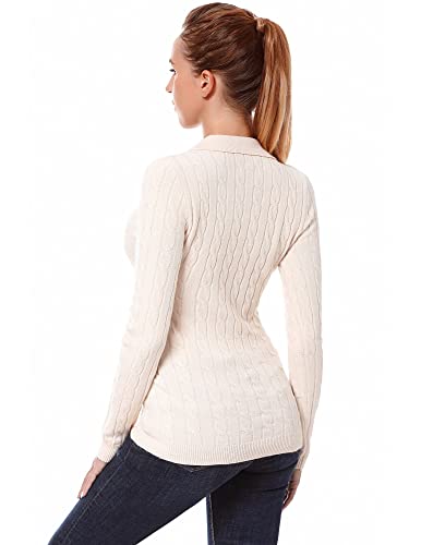 AmélieBoutik Women Collar V Neck Cable Knit Long Sleeve Pullover Sweater (Creamy White X-Small)