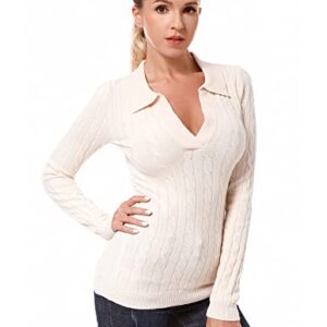 AmélieBoutik Women Collar V Neck Cable Knit Long Sleeve Pullover Sweater (Creamy White X-Small)