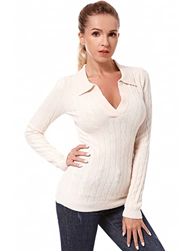 AmélieBoutik Women Collar V Neck Cable Knit Long Sleeve Pullover Sweater (Creamy White X-Small)