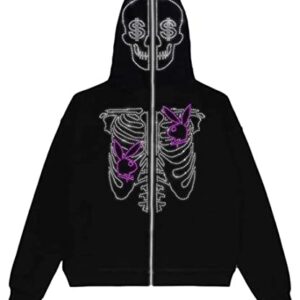 Pandolah Skeleton Hoodie Unisex Halloween Costumes Skull Gothic Zip up Y2K Fashion Jacket for Men Women(2XL,Purple)