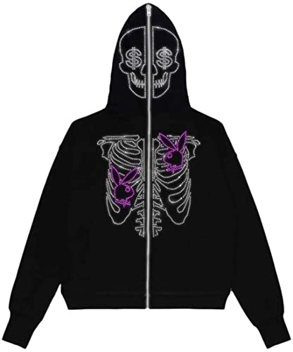 Pandolah Skeleton Hoodie Unisex Halloween Costumes Skull Gothic Zip up Y2K Fashion Jacket for Men Women(2XL,Purple)