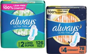 always ultra thin feminine pads for women day/night bundle - size 2, super absorbency, 126 count and size 4, overnight absorbency, 78 count (204 total pads)