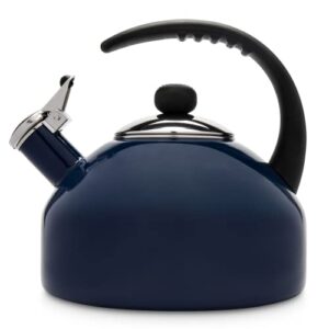 farberware omega tea kettle, whistling tea pot, works for all stovetops, porcelain enamel on carbon steel, bpa-free, rust-proof, stay cool handle, 2.75 quart (11 cups) capacity (blue)