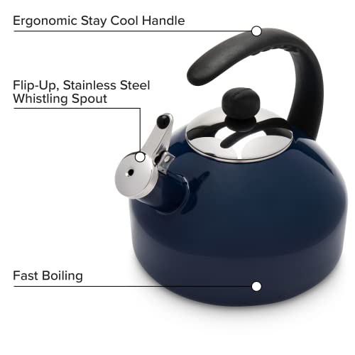 Farberware Omega Tea Kettle, Whistling Tea Pot, Works For All Stovetops, Porcelain Enamel on Carbon Steel, BPA-Free, Rust-Proof, Stay Cool Handle, 2.75 quart (11 cups) Capacity (Blue)