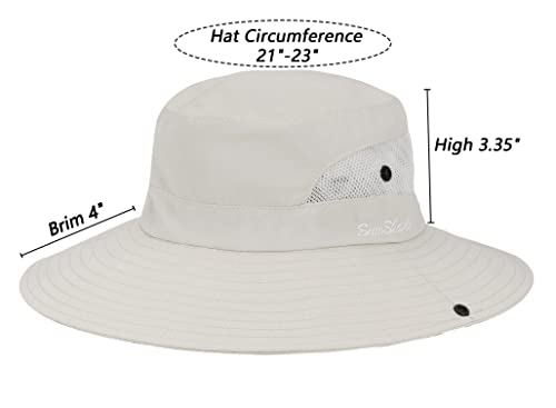 Womens Summer Sun-Hat Outdoor UV Protection Fishing Hat Wide Brim Foldable-Beach-Bucket-Hat with Ponytail-Hole Beige