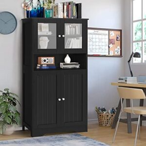 Iwell Bathroom Cabinet, Bathroom Storage Cabinet with Doors, Storage Cabinet with Open Shelf, Cupboard for Living Room, Home Office, Black