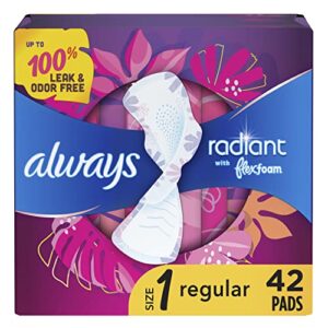 always radiant flexfoam pads for women, size 1, regular absorbency, up to 100% leak & odor free protection, with wings, scented, 42 count