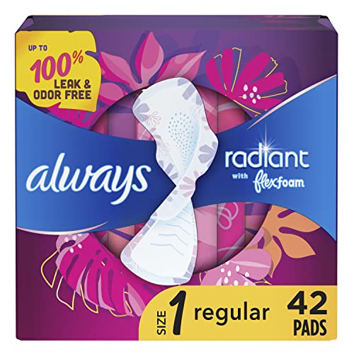 Always Radiant FlexFoam Pads for Women, Size 1, Regular Absorbency, up to 100% Leak & Odor Free Protection, with Wings, Scented, 42 Count