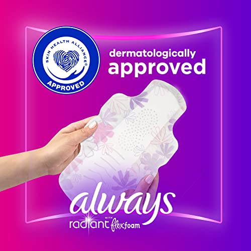 Always Radiant FlexFoam Pads for Women, Size 1, Regular Absorbency, up to 100% Leak & Odor Free Protection, with Wings, Scented, 42 Count