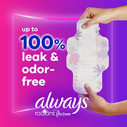 Always Radiant FlexFoam Pads for Women, Size 1, Regular Absorbency, up to 100% Leak & Odor Free Protection, with Wings, Scented, 42 Count