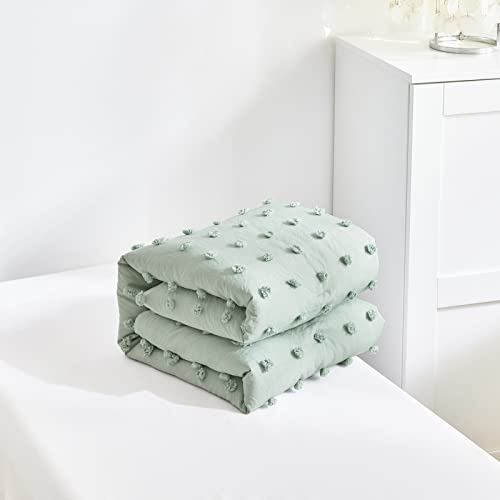 4 Piece Tufted Dots Toddler Bedding Set Solid Green Jacquard Pom Pom Tufts, Soft and Embroidery Shabby Chic Boho Design for Baby Boys Girls, Includes Comforter, Flat Sheet, Fitted Sheet and Pillowcase