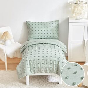 4 piece tufted dots toddler bedding set solid green jacquard pom pom tufts, soft and embroidery shabby chic boho design for baby boys girls, includes comforter, flat sheet, fitted sheet and pillowcase