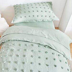 4 Piece Tufted Dots Toddler Bedding Set Solid Green Jacquard Pom Pom Tufts, Soft and Embroidery Shabby Chic Boho Design for Baby Boys Girls, Includes Comforter, Flat Sheet, Fitted Sheet and Pillowcase