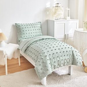 4 Piece Tufted Dots Toddler Bedding Set Solid Green Jacquard Pom Pom Tufts, Soft and Embroidery Shabby Chic Boho Design for Baby Boys Girls, Includes Comforter, Flat Sheet, Fitted Sheet and Pillowcase