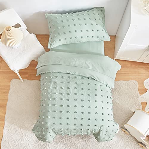 4 Piece Tufted Dots Toddler Bedding Set Solid Green Jacquard Pom Pom Tufts, Soft and Embroidery Shabby Chic Boho Design for Baby Boys Girls, Includes Comforter, Flat Sheet, Fitted Sheet and Pillowcase