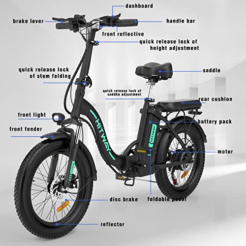 HITWAY Removable Folding Electric Bike for Adults, 20" Fat Tire E Bike 750W 20MPH, 48V/14Ah Battery 55-120KM, Mountain, Snow Beach Bicycle with Shimano 7 Gears