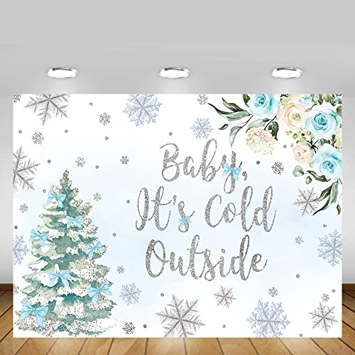 MEHOFOND Baby It's Cold Outside Backdrop Boy Baby Shower Party Decor Silver Snowflake Winter Wonderland Photo Booth Banner Christmas Tree White Blue Floral Background 7x5ft