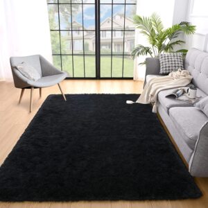 yobath black fluffy 5x7 area rugs for living room bedroom, soft fuzzy shaggy carpet shag rugs for girls boys kids indoor floor nursery dorm room, black