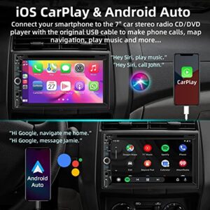 Double Din Car Stereo Radio with CD/DVD Player, 7inch Touch Screen Car Stereo with CarPlay & Android Auto, Backup Camera, Bluetooth 5.1, Mirror link, Subwoofer,SWC, AM/FM Car Radio Receiver, AUX Input