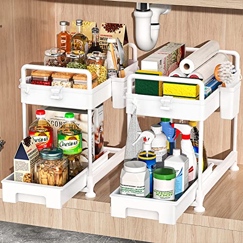 SOYO Under Sink Organizers and Storage 2 Pack, Bathroom Organizer Under Cabinet Storage, Undersink Sliding Basket Drawer for Kitchen Organization, Pull Out Shelf with Handles, Hanging Cups, White