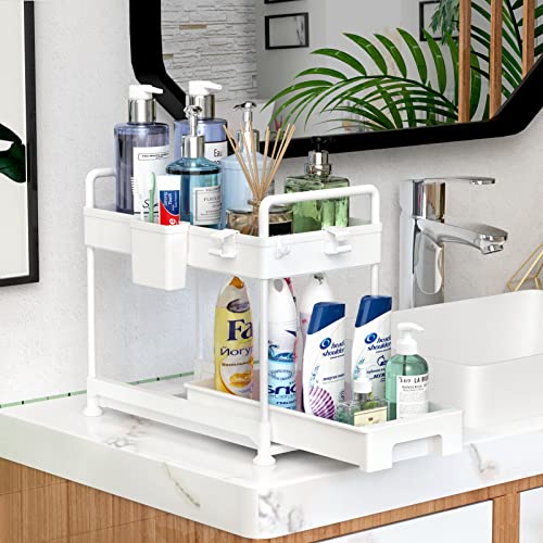 SOYO Under Sink Organizers and Storage 2 Pack, Bathroom Organizer Under Cabinet Storage, Undersink Sliding Basket Drawer for Kitchen Organization, Pull Out Shelf with Handles, Hanging Cups, White