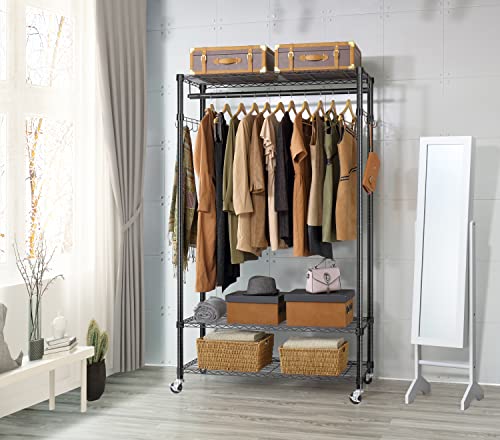 Finnhomy 47.2" L Metal Clothes Rack for Hanging Clothes 25mm Dia Tube Heavy Duty Garment Rack with 3-Tier Shelves/ Double Hanging Rods/ Lockable Wheels, Portable Closet Storage Rack Freestanding Wardrobe Closet Organizer