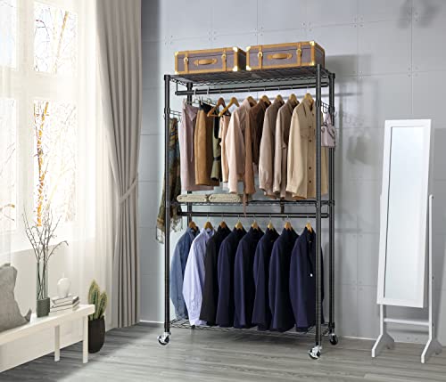Finnhomy 47.2" L Metal Clothes Rack for Hanging Clothes 25mm Dia Tube Heavy Duty Garment Rack with 3-Tier Shelves/ Double Hanging Rods/ Lockable Wheels, Portable Closet Storage Rack Freestanding Wardrobe Closet Organizer
