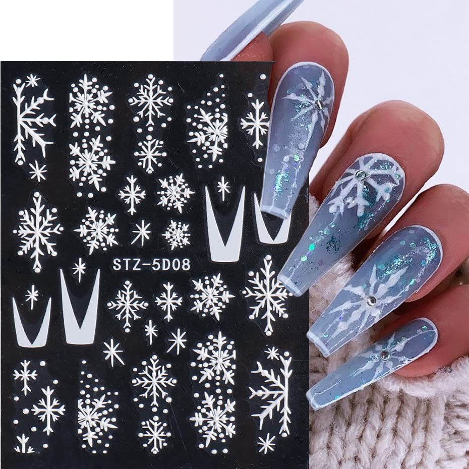 8 Sheets 3D Embossed Snowflakes Christmas Nail Art Stickers Decals 5D Self-Adhesive Pegatinas Uñas White Snowman Snowflakes Heart Nail Supplies Nail Art Design Decoration Accessories