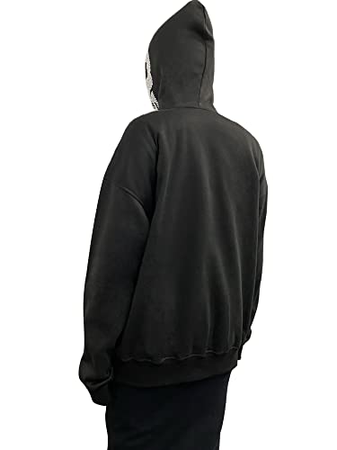 Men Rhinestone Hoodies Y2k Full Zip Up Hoodies Women Oversized Skull Skeleton Graphic Sweatshirt Zip Over Face Gothic Jackets (Blue, L)