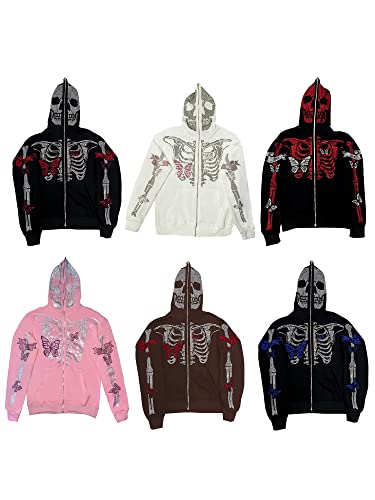 Men Rhinestone Hoodies Y2k Full Zip Up Hoodies Women Oversized Skull Skeleton Graphic Sweatshirt Zip Over Face Gothic Jackets (Blue, L)