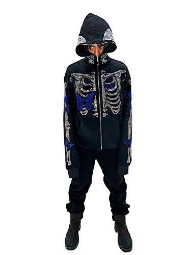 Men Rhinestone Hoodies Y2k Full Zip Up Hoodies Women Oversized Skull Skeleton Graphic Sweatshirt Zip Over Face Gothic Jackets (Blue, L)