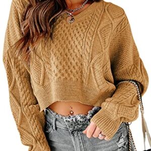 Tankaneo Women's V Neck Cropped Sweater Long Sleeve Crop Top Cable Knit Oversized Pullover Sweater Brown