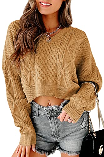 Tankaneo Women's V Neck Cropped Sweater Long Sleeve Crop Top Cable Knit Oversized Pullover Sweater Brown