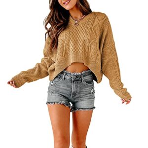 Tankaneo Women's V Neck Cropped Sweater Long Sleeve Crop Top Cable Knit Oversized Pullover Sweater Brown