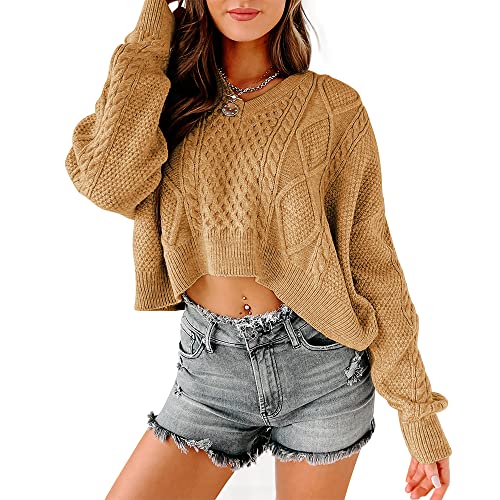 Tankaneo Women's V Neck Cropped Sweater Long Sleeve Crop Top Cable Knit Oversized Pullover Sweater Brown