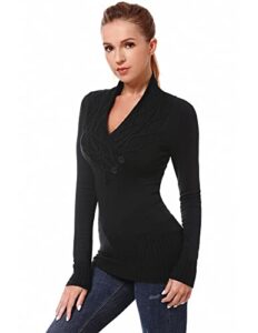 amélieboutik women crossover cable knit v neck long sleeve pullover sweater (black medium)