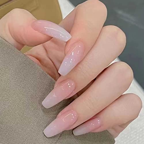 DANMANR Gradient Press on Nails Coffin Long Fake Jelly Nails Acrylic Full Cover Artificial Glossy False Nails for Women and Girls 24PCS