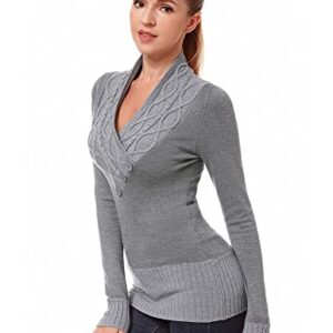 AmélieBoutik Women Crossover Cable Knit V Neck Long Sleeve Pullover Sweater (Gray Large)