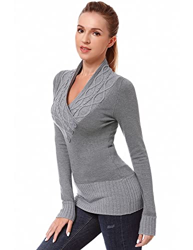 AmélieBoutik Women Crossover Cable Knit V Neck Long Sleeve Pullover Sweater (Gray Large)