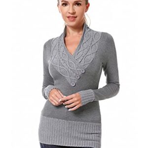 AmélieBoutik Women Crossover Cable Knit V Neck Long Sleeve Pullover Sweater (Gray Large)