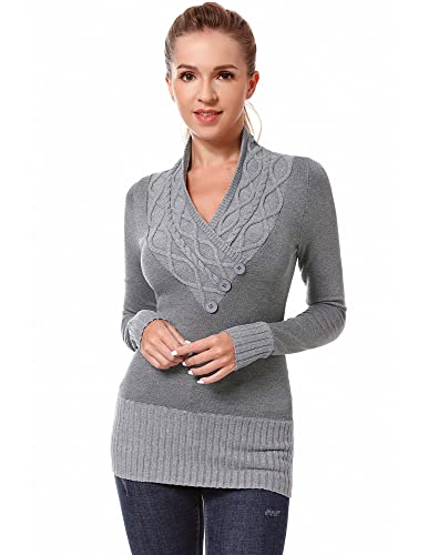 AmélieBoutik Women Crossover Cable Knit V Neck Long Sleeve Pullover Sweater (Gray Large)