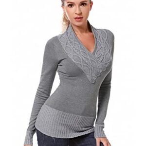 AmélieBoutik Women Crossover Cable Knit V Neck Long Sleeve Pullover Sweater (Gray Large)