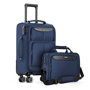 showkoo carry-on luggage 2 piece softside lightweight durable suitcase with bag tote double spinner wheels tsa lock blue 20-inch