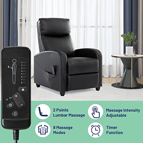 Recliner Chair Living Room Chairs Recliner Chairs for Adults Comfy Winback Single Sofa PU Leather Home Theater Seating Push Back Recliners with Massage Function - Black