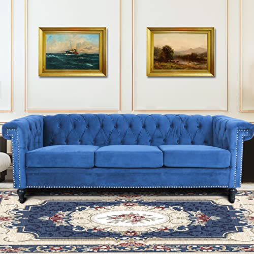 Vaztrlus Chesterfield Velvet Sofas for Living Room, Traditional Square Arm 3-Seater Sofa 82.5" Couch Deep Button Nailhead Tufted Blue Upholstered Couches Removable Cushion Easy to Assemble