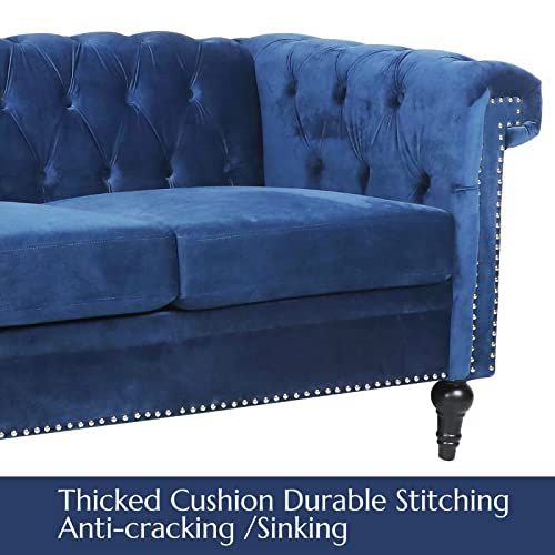 Vaztrlus Chesterfield Velvet Sofas for Living Room, Traditional Square Arm 3-Seater Sofa 82.5" Couch Deep Button Nailhead Tufted Blue Upholstered Couches Removable Cushion Easy to Assemble