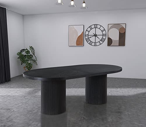 Meridian Furniture 725Black-T Belinda Collection Mid-Century Modern Solid Wood Black Oak Veneer Dining Table, Oval Design, Fluted Bases, 2 Leaves Included, 90"/106.5"/123" W x 47.5" D x 31" H, Black
