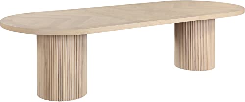 Meridian Furniture 725Oak-T Belinda Collection Mid-Century Modern Solid Wood White Oak Veneer Dining Table, Oval Design, Fluted Bases, 2 Leaves Included, 90"/106.5"/123" W x 47.5" D x 31" H, White
